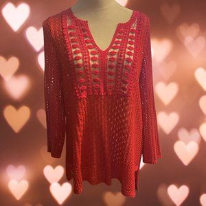 Chico’s Womens Red Open Knit Crochet top Size L